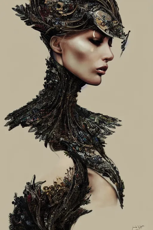 Prompt: model wearing epic haute couture by Alexander McQueen, extremely beautiful and proportionate face, in the aesthetic of mert and marcus, masterpiece, intricate, elegant wardrobe, highly detailed, digital painting, artstation, concept art, smooth, sharp focus, illustration, art by artgerm, Anato finnstark