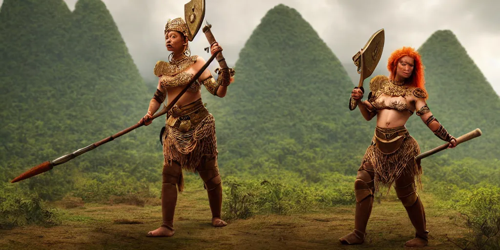 Image similar to armoured ginger dwaven woman wielding a hammer and shield, jungle clearing, awesome floating mountain in the shape of a human heart by Charlie White 4k realism distant landscape