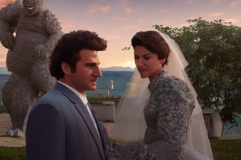 Image similar to a still from My Big Fat Greek wedding, wedding, wedding, with Fox McCloud and godzilla, octane render, nvidia raytracing demo, masterpiece