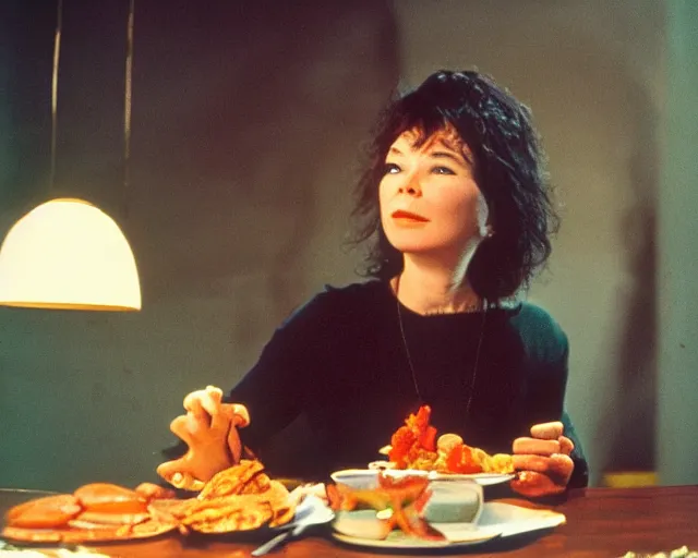 Image similar to 1 9 7 9 a soviet movie still a bjork sitting at a table with a plate of food in dark warm light, a character portrait by nadya rusheva, perfect symmetric coherent face, featured on cg society, neo - fauvism, movie still, 8 k, fauvism, cinestill, bokeh, gelios lens