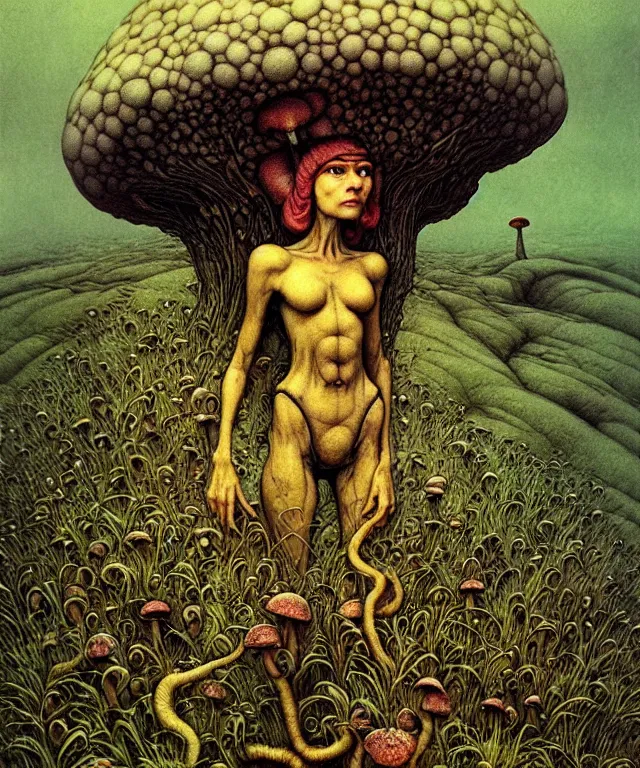 Image similar to A detailed funguswoman stands among the mushroom hills. Wearing a fungus and mushroom . Perfect faces, extremely high details, realistic, fantasy art, solo, masterpiece, art by Zdzisław Beksiński, Arthur Rackham, Dariusz Zawadzki, Edward Robert Hughes