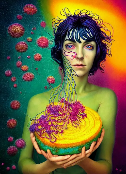 Prompt: hyper detailed 3d render like a Oil painting - Ramona Flowers with wavy black hair wearing thick mascara seen out Eating of the Strangling network of colorful yellowcake and aerochrome and milky Fruit and Her staring intensely delicate Hands hold of gossamer polyp blossoms bring iridescent fungal flowers whose spores black the foolish stars by Jacek Yerka, Mariusz Lewandowski, silly playful fun face, Houdini algorithmic generative render, Abstract brush strokes, Masterpiece, Edward Hopper and James Gilleard, Zdzislaw Beksinski, Mark Ryden, Wolfgang Lettl, Dan Hiller, hints of Yayoi Kasuma, octane render, 8k