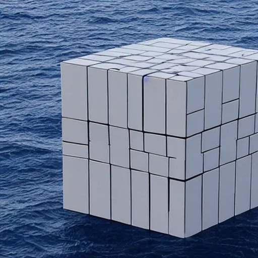 Image similar to a cube in the middle of the sea in the style of richard serra