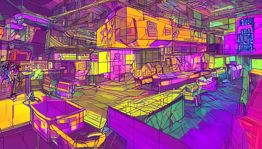 Image similar to concept art for a cyberpunk beehive, interior design, bright colors, neon signs