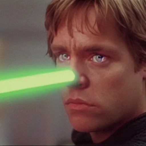 Image similar to A still of Luke Skywalker holding his green lightsaber and looking concerned from Star Wars, 1990, Directed by Steven Spielberg, 35mm