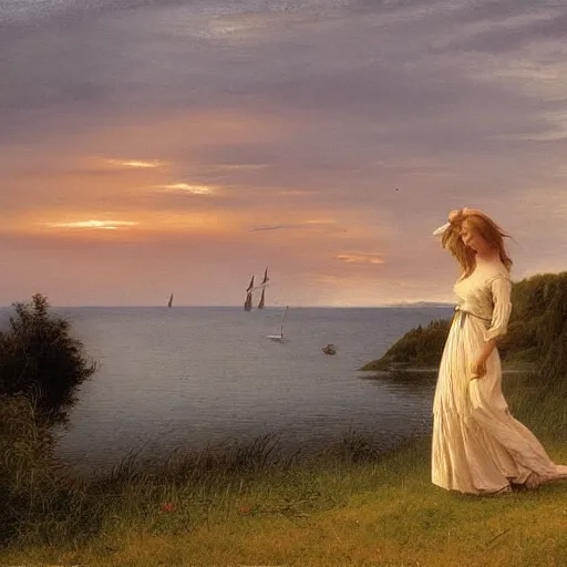 Prompt: young beautiful woman by the lake, hair waving in the wind, sunset, high detail, dramatic light, digital art, chiaroscuro, dark, painted by caspar david friedrich