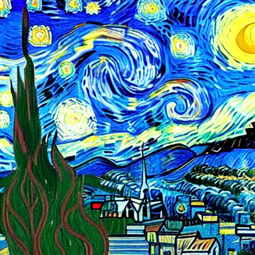 Image similar to asheville skyline in the style of starry night, by vincent van gogh