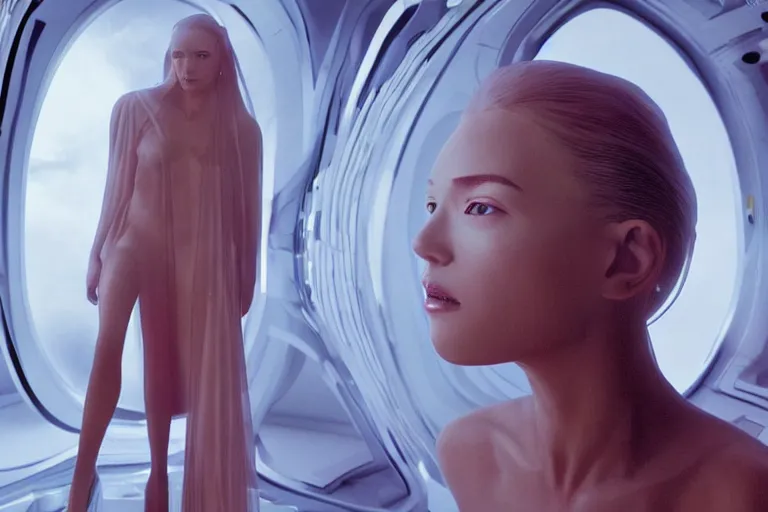 Image similar to VFX movie of a futuristic space woman model gorgeous portrait in inhuman future spaceship, beautiful natural skin natural lighting by Emmanuel Lubezki