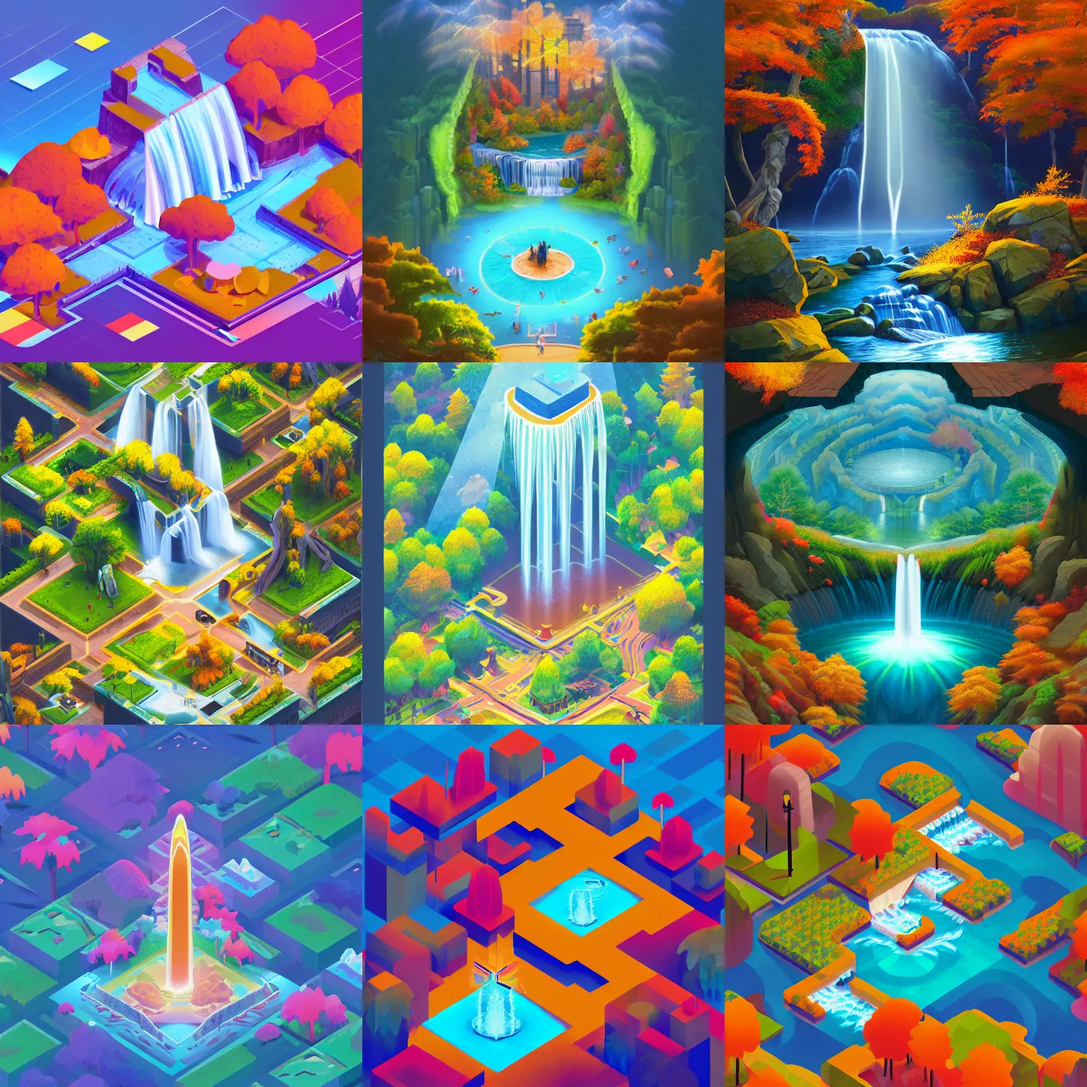 Prompt: isometric webdesign icon for paradise autumn central park with waterfall, rays of light, by Artgerm, tooth wu, dan mumford, beeple, wlop, rossdraws, James Jean, Andrei Riabovitchev, Marc Simonetti, yoshitaka Amano, Artstation