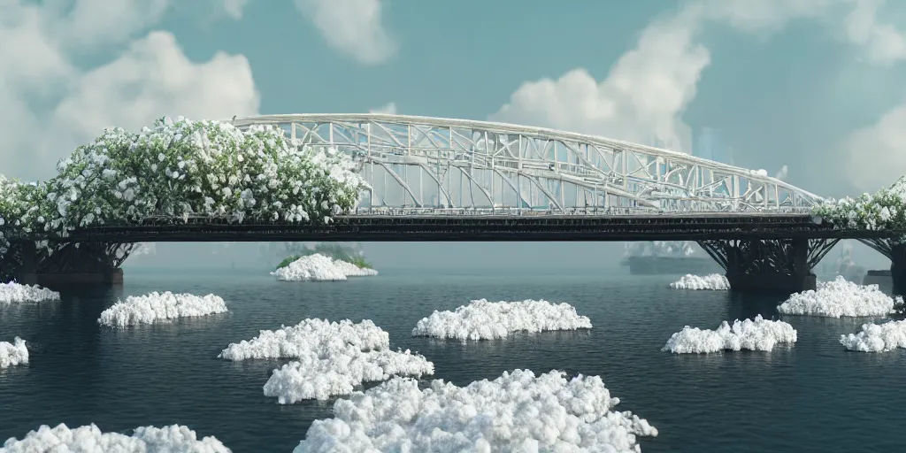 Prompt: explosions in the form of realistic white cotton plants on harbour bridge, huge white cotton everywhere on the destroyed harbour bridge, smooth, sharp focus, highly detailed, 3 d octane render, epic lighting, lots of white cotton, 8 k