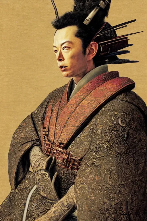 Image similar to Baroque painting of a Elon Musk as a samurai, inspired by Gustav Moreau and Wayne Barlowe, exquisite detail, hyper realism, ornate, exquisite detail, cute face