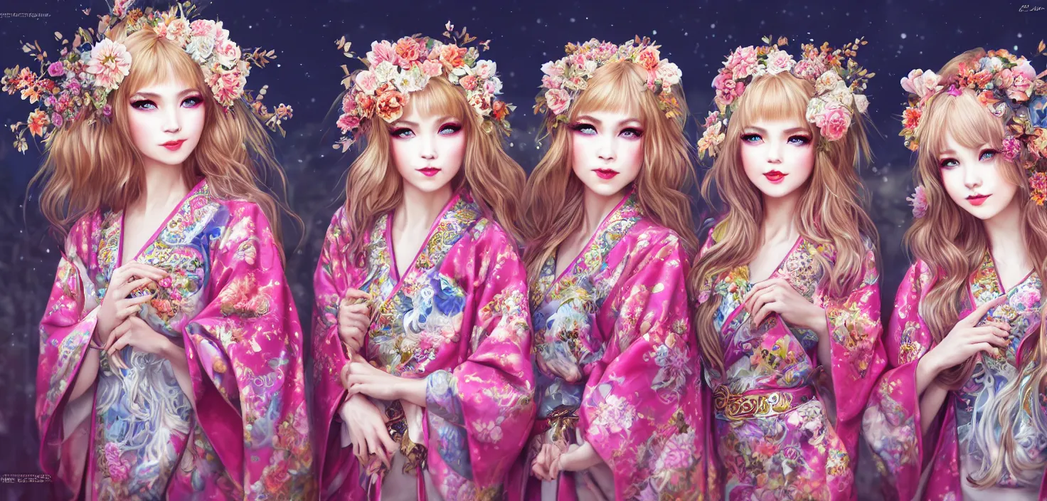 Image similar to two beautiful fashion siberian girls wear fantasy kimono in festival | | big eyes, sunny, dreamlike art, realistic shaded, smile, good looking, hyper details, 4 k realistic, cryengine, realistic shaded lighting poster by artgerm, ross tran, fuji choko, loish, 8 k resolution, trending on artstation, luxury