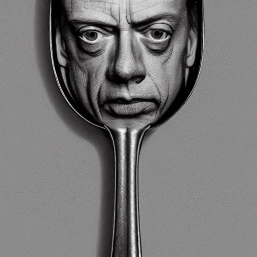 Image similar to A spoon that lies on a kitchen counter has the head of Steve buscemi instead of a bowl, highly_detailed!!, Highly_detailed_face!!!, artstationhq, concept art, sharp focus, illustration, art by Leonardo da Vinci and Michelangelo and Botticelli