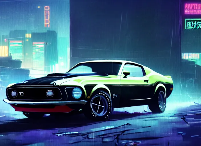 Prompt: portrait of 1 9 7 1 ford mustang mach 1, cyberpunk city landscape, illustration concept art anime key visual trending pixiv fanbox by wlop and greg rutkowski and makoto shinkai and studio ghibli and kyoto animation, neon lights, odst, grimdark, volumetric lighting