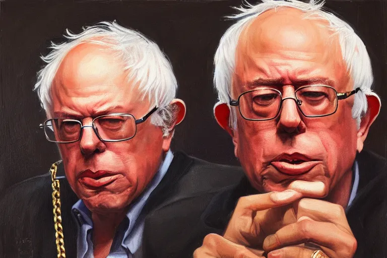 Image similar to Bernie Sanders as rap gold chains and gold teeth, drinking cough syrup, oil on canvas, artstation, portrait, masterpiece, aesthetic