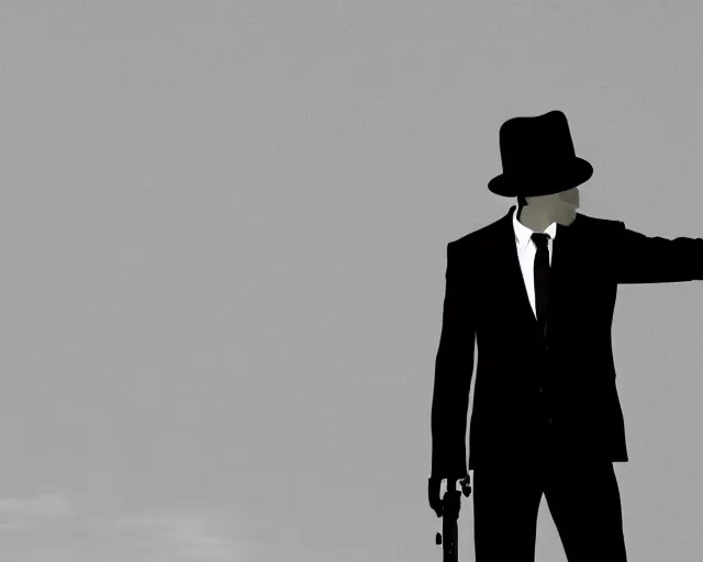 Prompt: a tall and mysterious man in black suit and black fedora hat and black shoes, he has a pistol!!, mysterious, 4 k, highly detailed, digital art, strong shadows, high contrast, epic scene, atmospheric, blue colours, old photo