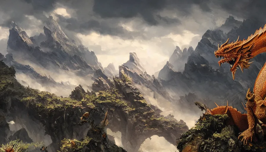 Prompt: excellent painted dragon in a phantastic landscape under bright daylight with fluffy clouds, set in the world of Zendikar, painted by Hans Fredrik Gude, Greg Rutkowksi, Craig Mullins and Artgerm, concept art 2022, 4k, octane render