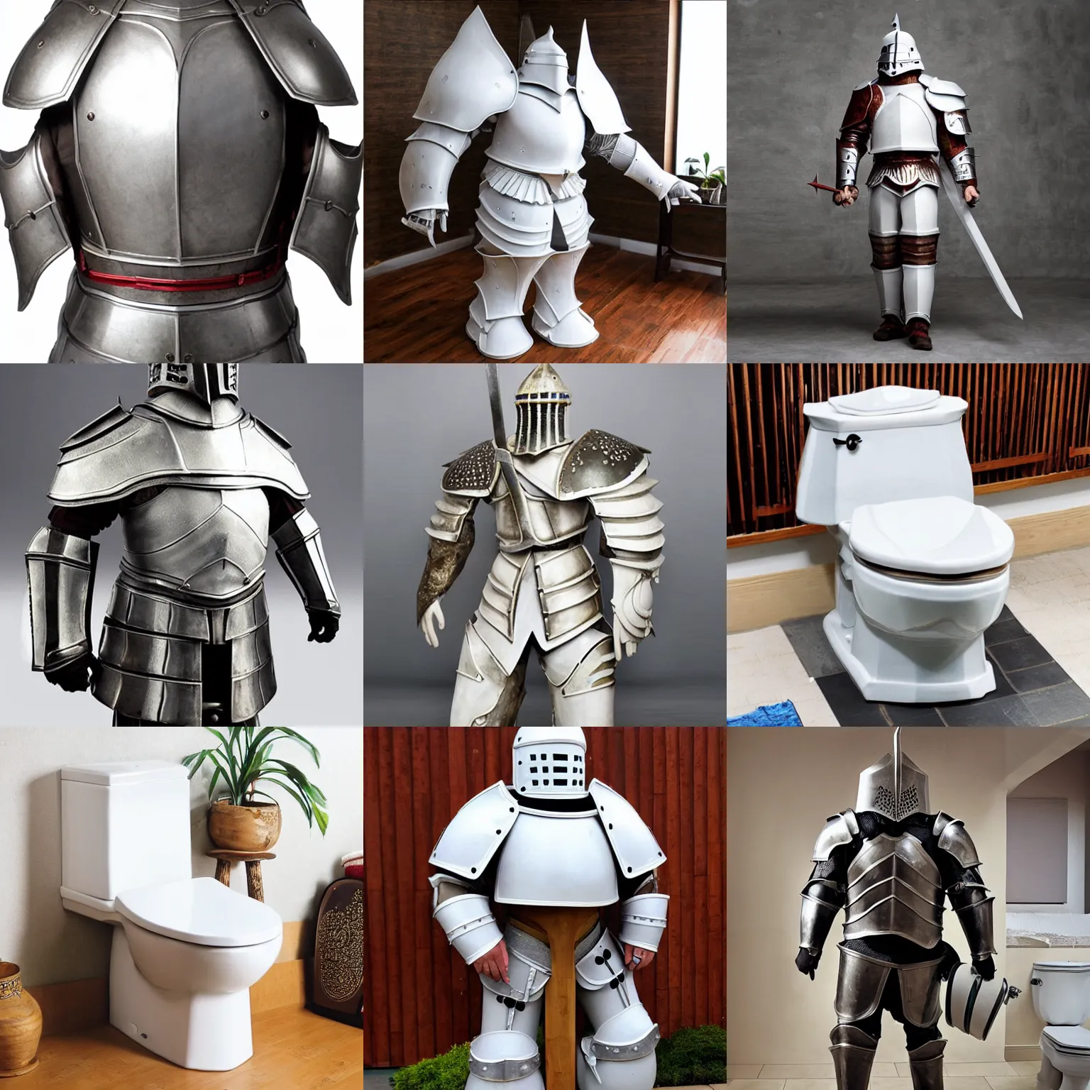 Prompt: oversized giant oversized knight wearing white porcelain toilet bowl armor