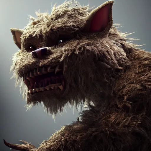 Image similar to full body pose, hyperrealistic photograph of a cute fuzzy goblin monster, dim volumetric lighting, 8 k, octane beautifully detailed render, extremely hyper detailed, intricate, epic composition, cinematic lighting, masterpiece, trending on artstation, very very detailed, stunning, hdr, smooth, sharp focus, high resolution, award, winning photo, dslr, 5 0 mm