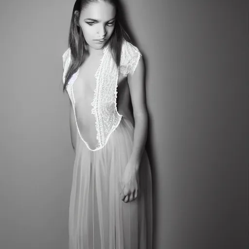 Image similar to sheer dress with plunging neckline and lace sleeves. award-winning fashion photography. intimate and vulnerable lighting. 130mm bw photography.