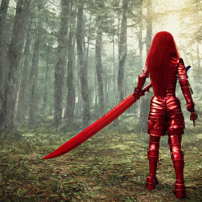 Image similar to a girl with long red hair wearing a red plate armor and holding a big red toothed sword in a forest, 3d render, octane render, unreal engine 5, 8k hdr, hyperrealistic, highly detailed, high quality, concept art, trending on Artstation, full-body armor,