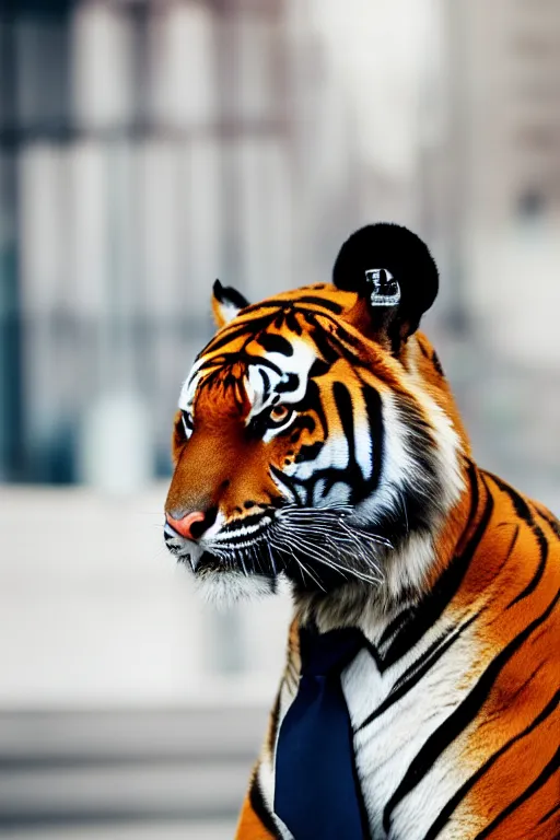 Image similar to high quality presentation photo of a tiger dressed in a dark business suit and tie, Anthropomorphic, photography 4k, f1.8 anamorphic, bokeh, 4k, 85mm lens
