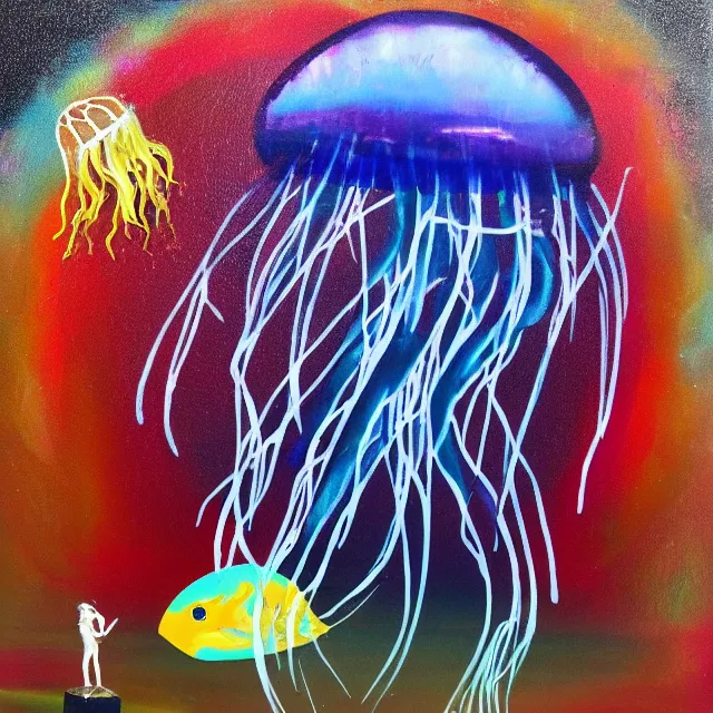 Image similar to jellyfish, tiny woman in a fish tank, surrealism, acrylic and spray paint and oilstick on canvas