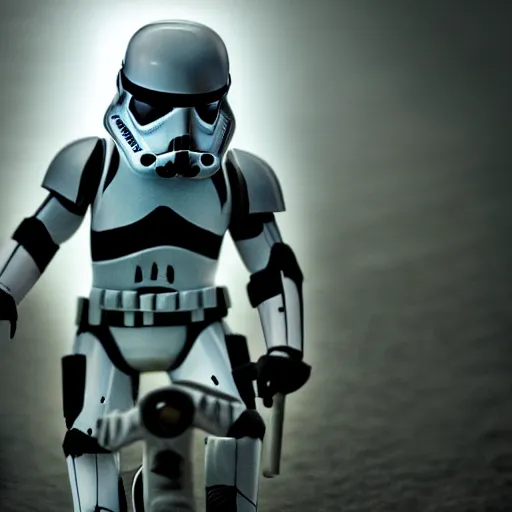 Image similar to a storm trooper riding a rancor, moody lighting, shallow depth of field,