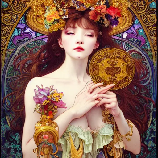 Image similar to a masterpiece ultrarealistic ultradetailed portrait of beautiful love, jewelry genius, witch girl on vintage flea market baroque renaissance. medium shot, intricate, elegant, by stanley artgerm lau, wlop, alphonse mucha, rossdraws, andrei riabovitchev, yoshitaka amano. flower background my james jeand and takashi murakami.