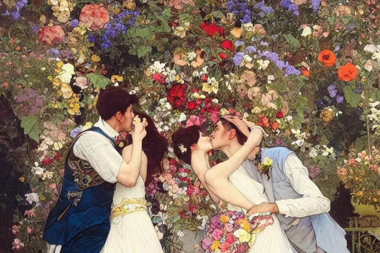 Image similar to the groom kisses the bride at a wedding full of flowers, bright and happy, dreamlike art, highly detail, 4 k realistic, wedding photoy krenz cushart. artem demura. alphonse mucha. yoji shinkawa artgerm. jon lothian. danilo torres. adi meyers. thomas reimann. gaston bussiere.