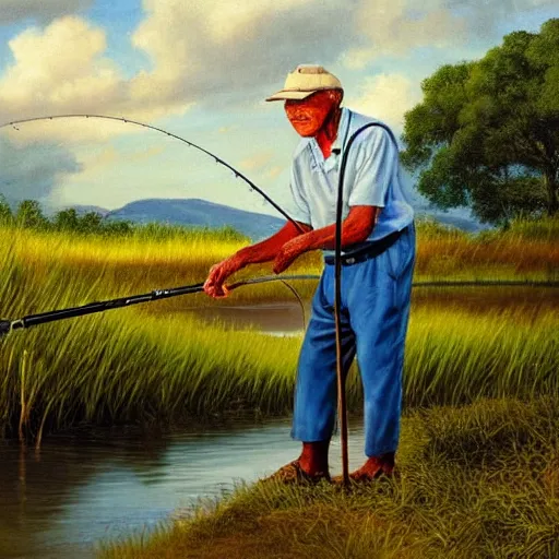 Image similar to elderly man intent on fishing with a fishing rod in a river. around a cane field, finely painted in oil, light clouds in the blue sky,