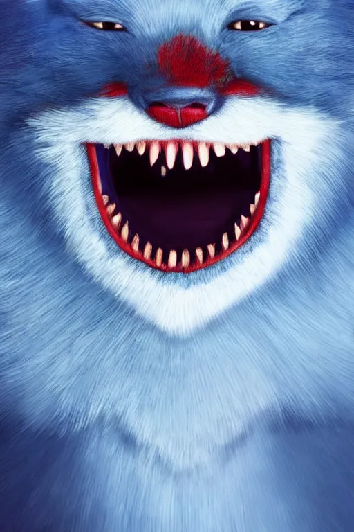 Prompt: a blue furry creature with [ bulging eyes ]!!!, [ large red lips ]!!!, sharp teeth, 4 k photorealistic [ quality ], trending on cgsociety, horror art, eerie art style