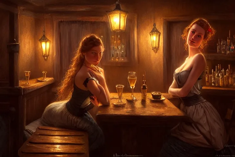 Prompt: a beautiful barmaid, dimly lit cozy tavern, relaxed pose, fantasy, intricate, elegant, dramatic lighting, emotionally evoking symbolic metaphor, highly detailed, lifelike, photorealistic, digital painting, artstation, concept art, smooth, sharp focus, illustration, art by John Collier and Albert Aublet and Krenz Cushart and Artem Demura and Alphonse Mucha, masterpiece