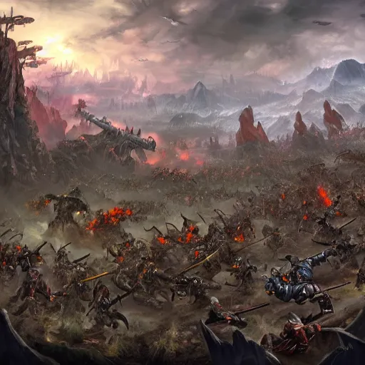 Image similar to wide landscape shot of warhammer orcs fighting pirate vampires, trending on artstartion