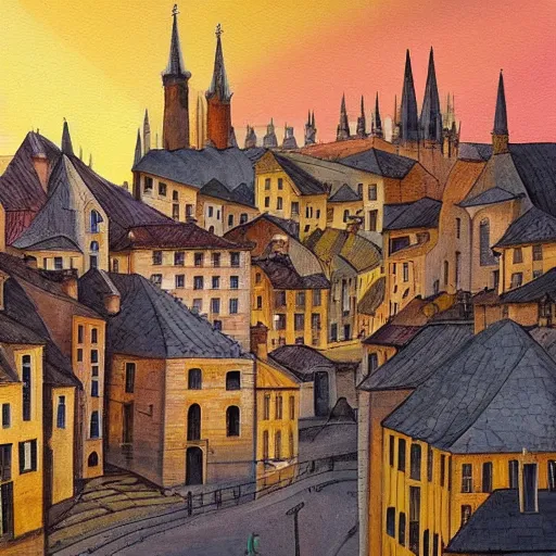 Prompt: beautiful medieval city, golden hour, lots of people in the street in the style of Ksenia Milicevic, French painter, architect and town planner