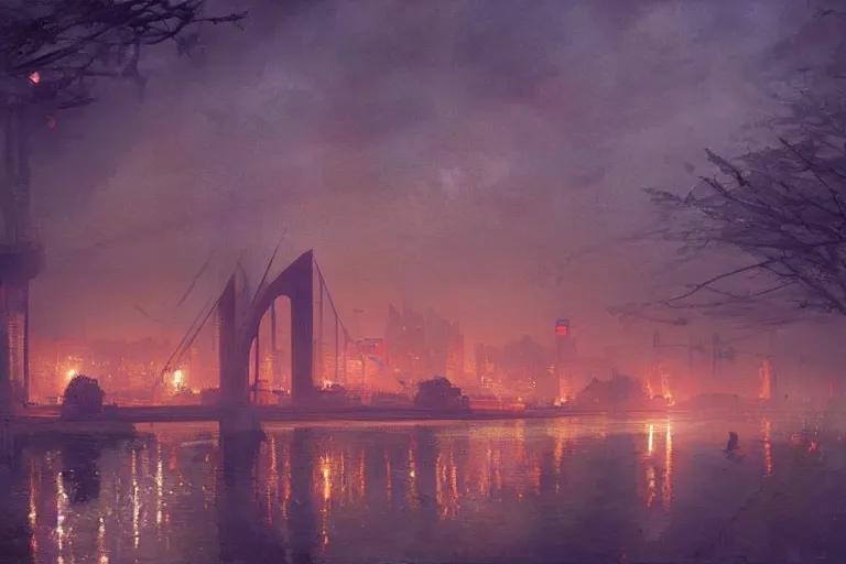 Image similar to Kyiv on Dnieper river, neon lighting, night city, digital art from artstation by Ruan Jia and Mandy Jurgens and Artgerm and william-adolphe bouguereau and Greg Rutkowski and Wayne Barlowe