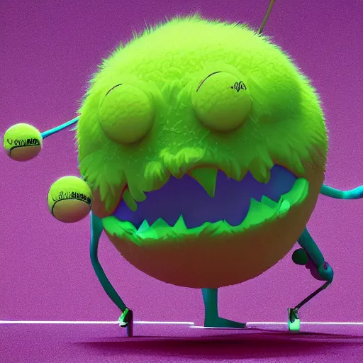 Prompt: a tennis ball monsters , colorful, digital art, fantasy, magic, trending on artstation, ultra detailed, professional 3D render by Beeple