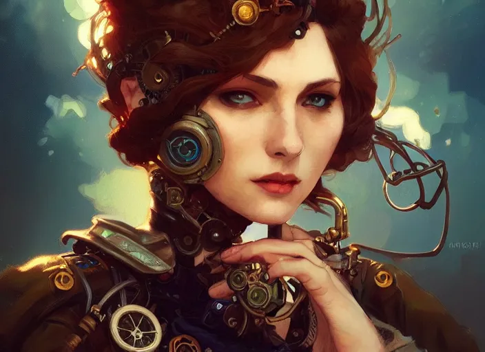 Prompt: woman model, steampunk!!! and modern, rgb, lake, backlit, elegant, highly detailed, digital painting, artstation, concept art, smooth, sharp focus, illustration, art by krenz cushart and artem demura and alphonse mucha