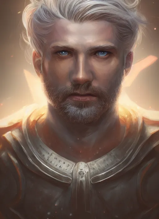 Image similar to an epic fantastic realism comic book style portrait painting of an aasimar paladin, male, silver hair, short brown beard, glowing eyes, d & d concept art, regal, unreal 5, daz, teal aesthetic, octane render, cosplay, rpg portrait, dynamic lighting