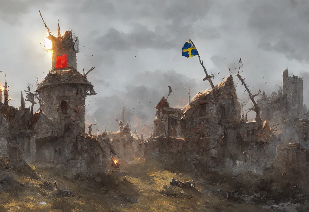 Image similar to a small ruined stronghold with a burning swedish flag hanging from a broken flag pole, artstation, jakub rozalski, high detail