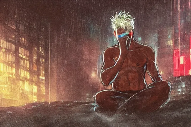 Image similar to roy batty with a bare torso sits in the lotus position with his head bowed in the rain on the roof of a building in the cyberpunk future, around neon signs, a little haze, night, realistic proportions, anime style ghost in armor