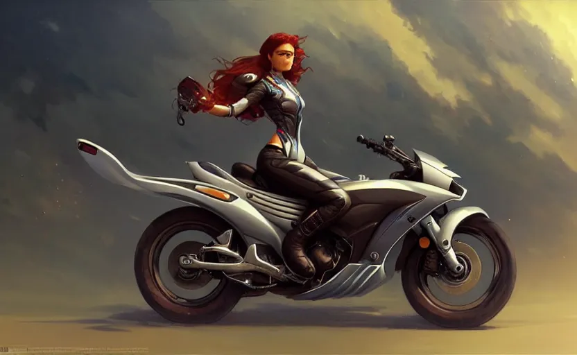 Image similar to Police female riding yamaha motorcycle, sci-fi, highly detailed, digital painting, artstation, concept art, smooth, sharp focus, illustration, art by artgerm and greg rutkowski and alphonse mucha