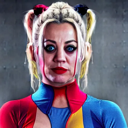 Image similar to A still of Kaley Cuoco as Harley Quinn