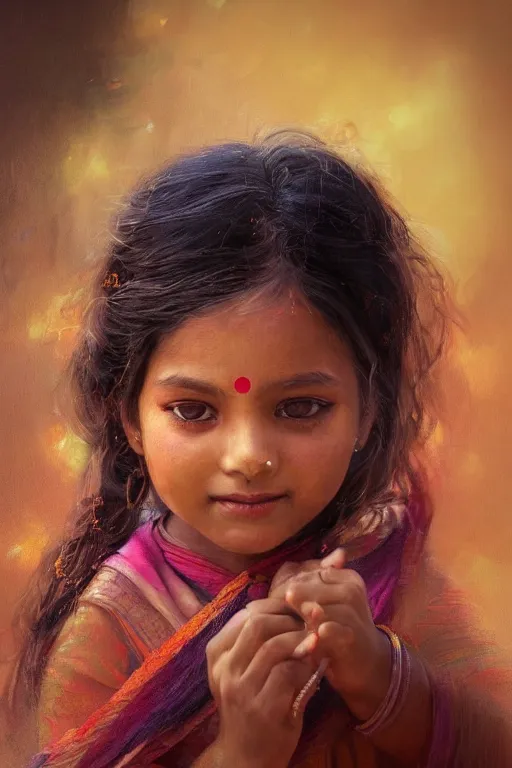 Image similar to hindu little girl, joyful, close - up portrait, intricate, elegant, volumetric lighting, scenery, digital painting, highly detailed, artstation, sharp focus, illustration, concept art, ruan jia, steve mccurry