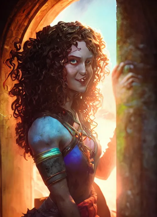 Image similar to an epic fantasy comic book style portrait painting of a girl wearing colorful makeup with a smile and curly brown hair stepping out of a doorway with light shining behind her, unreal 5, daz, hyperrealistic, octane render, cosplay, rpg portrait, dynamic lighting, very detailed face