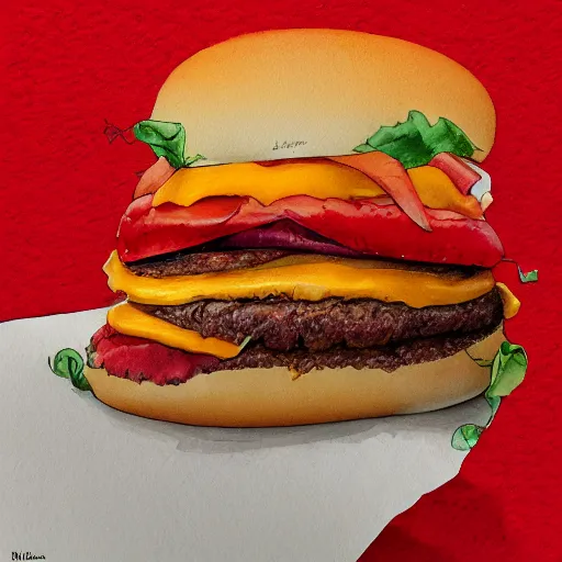 Prompt: cheeseburguer, kseniia yeromenko, rob duenas, watercolor, illustration, red background, highly detailed