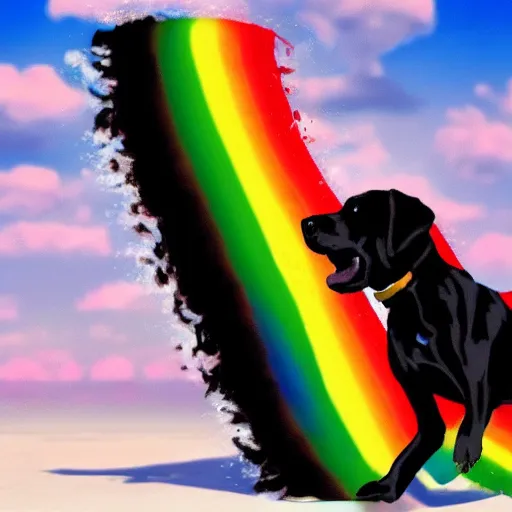 Prompt: adorable black lab chasing a hotdog across a rainbow, very detailed, 4 k, by disney