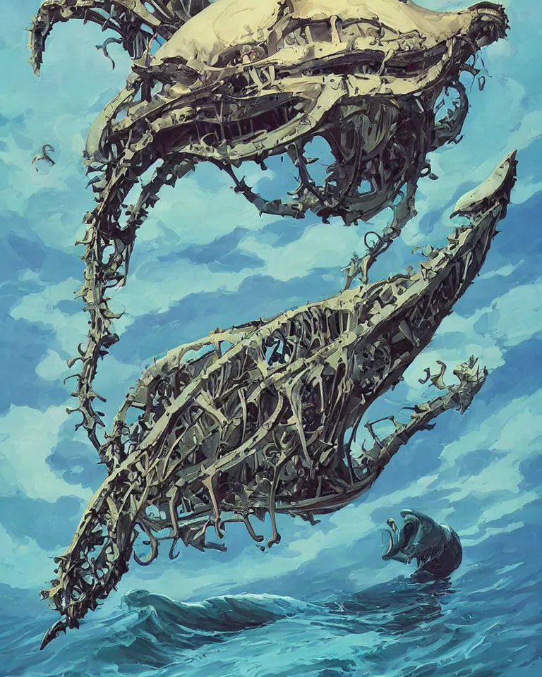 Prompt: a surreal tarot card large skeleton whale by rhads by greg tocchini, by james gilleard, by joe fenton
