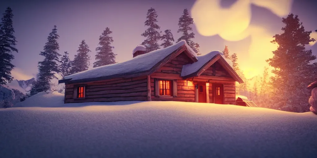 Prompt: a cozy little house in the woods, snowy mountains in the background relaxing, 3 d concept art by phillip urlich, chill, relaxing, peaceful, sunset, extremely detailed art, unreal engine 5, hyper realism