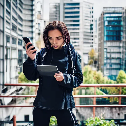 Image similar to candid photographic portrait of a poor techwear mixed young woman using a phone inside a dystopian city, closeup, beautiful garden terraces in the background, sigma 85mm f/1.4, 4k, depth of field, high resolution, 4k, 8k, hd, full color